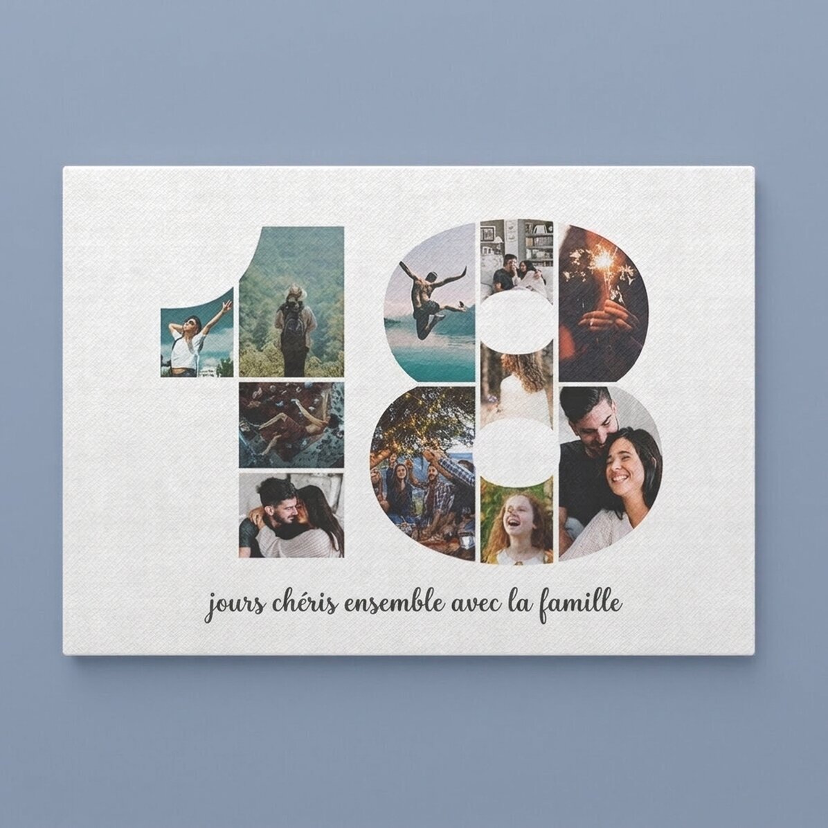 Tableau sur toile personnalisé au format paysage, comprenant 11 photos du modèle n° 18 et un message