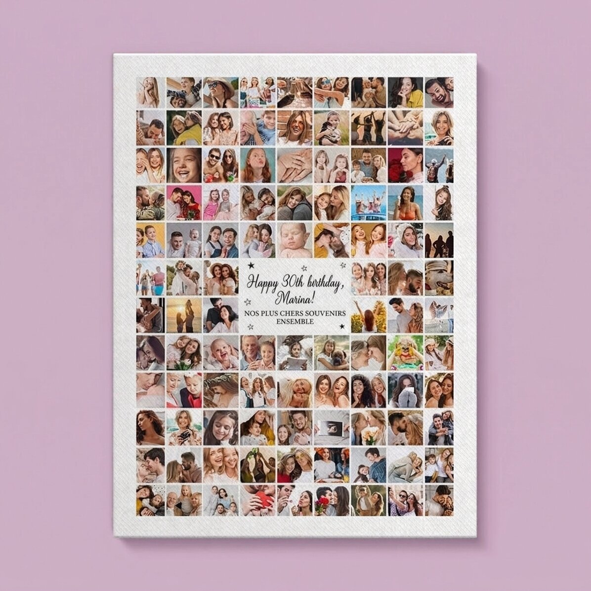 Tableau sur toile personnalisé avec 102 photos et un message