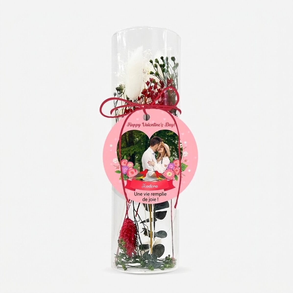 Ornement en verre avec des fleurs stabilisées, personnalisé avec un texte et une photo - Love