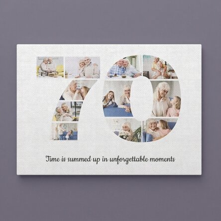 Personalised landscape canvas print with 11 photos, model number 70, and text message