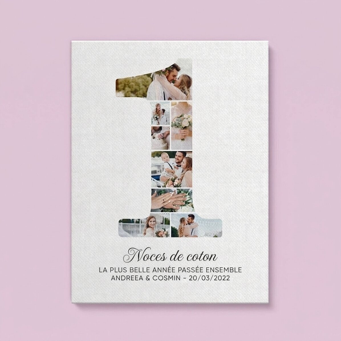 Tableau sur toile personnalisé avec le chiffre 1, des photos et un message - Anniversaire de relatio