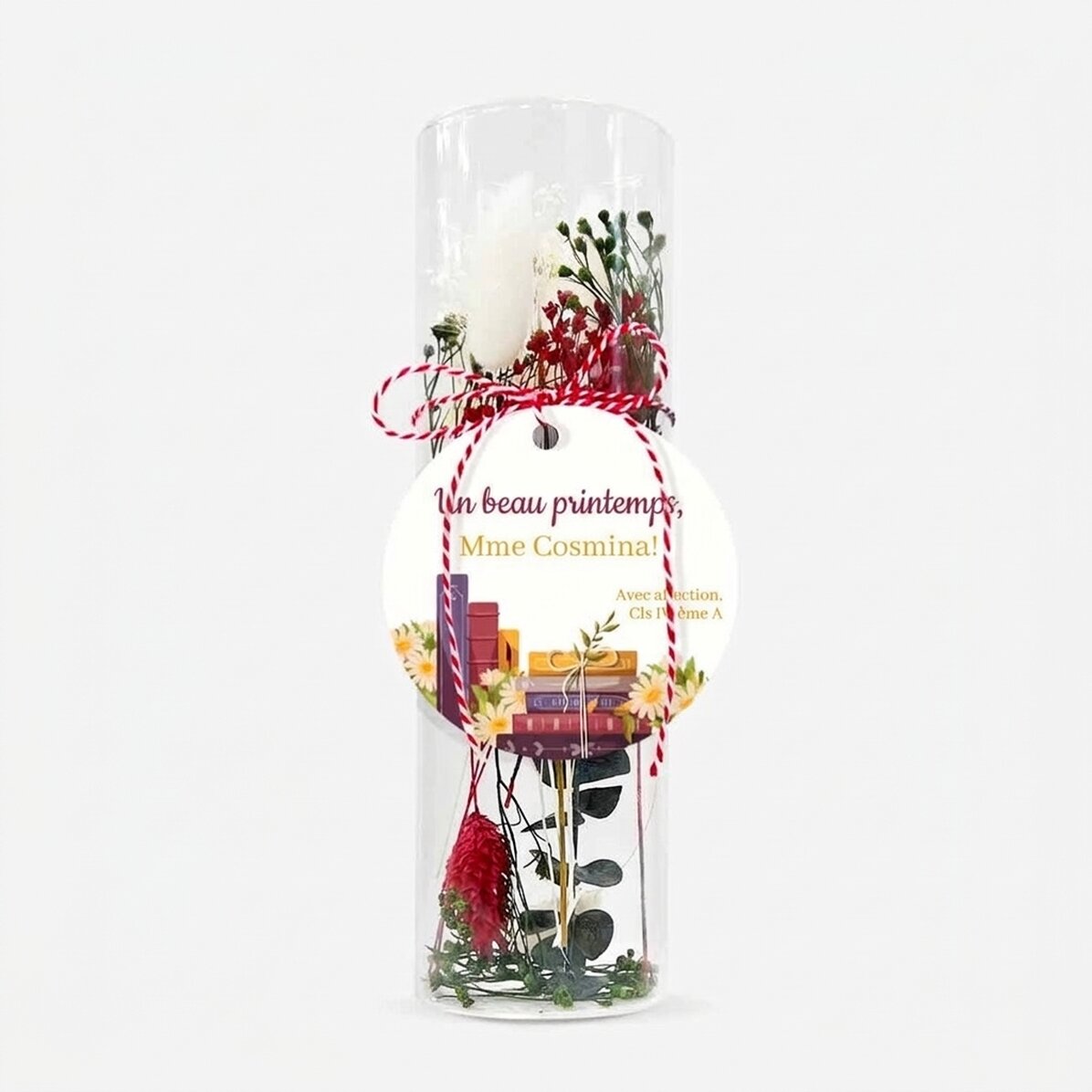 Décoration « martisor » en verre avec des fleurs stabilisées, personnalisée avec un message pour la 