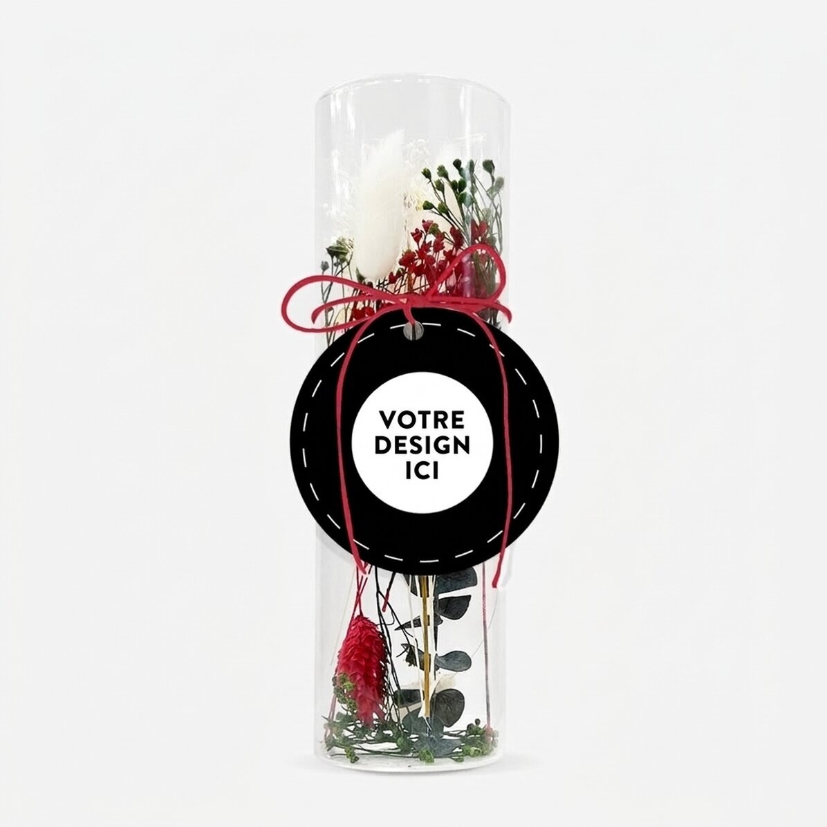 Objet décoratif en verre avec des fleurs stabilisées, personnalisé avec votre motif