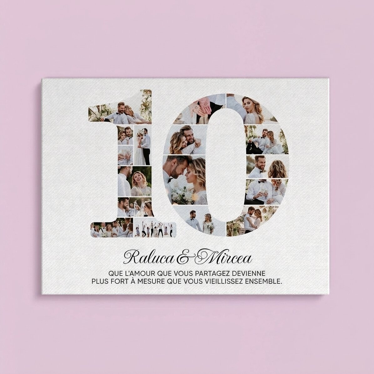 Tableau sur toile personnalisé avec le chiffre 10, des photos et un message - Anniversaire de couple