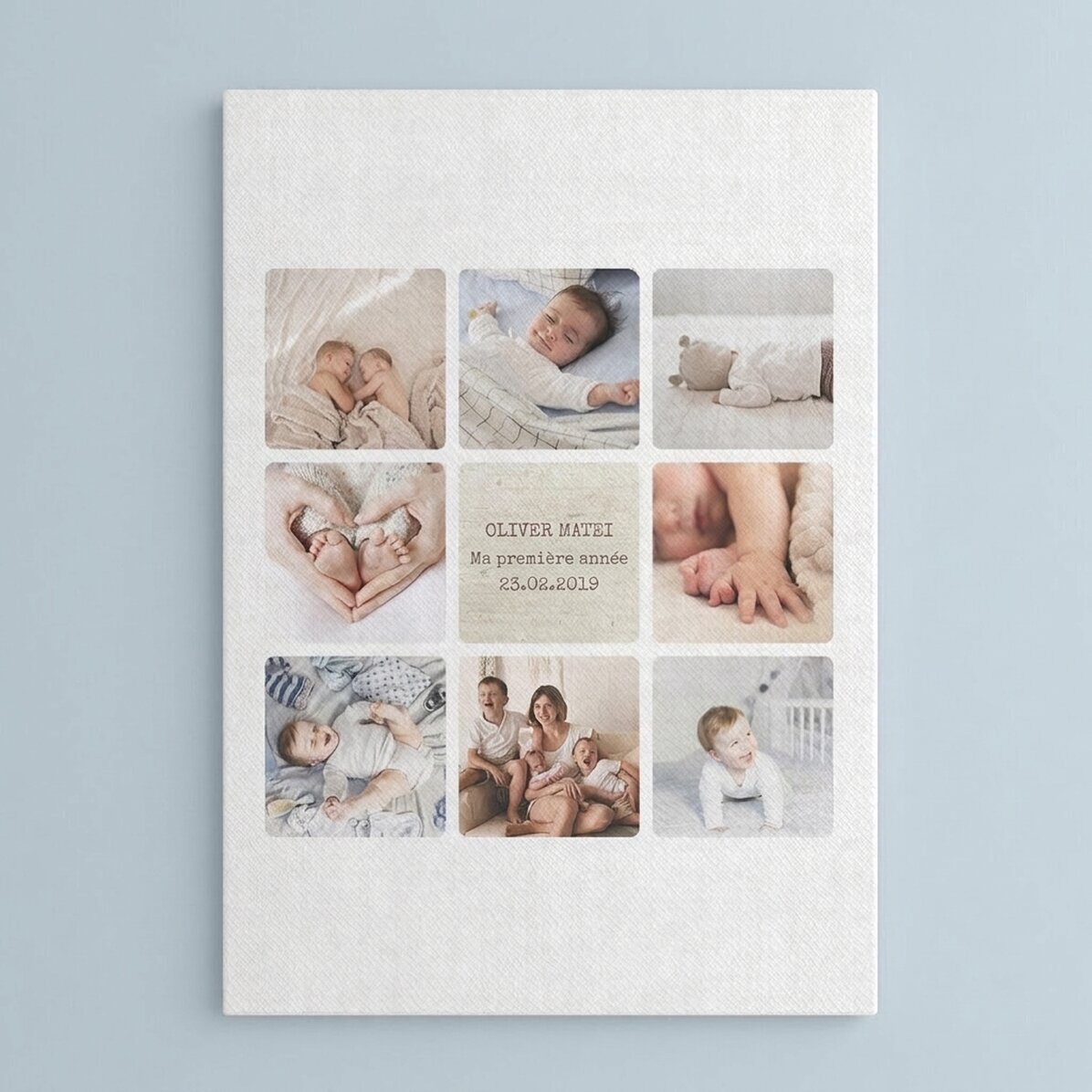 Tableau sur toile personnalisé avec un texte et 8 photos - La première année de bébé