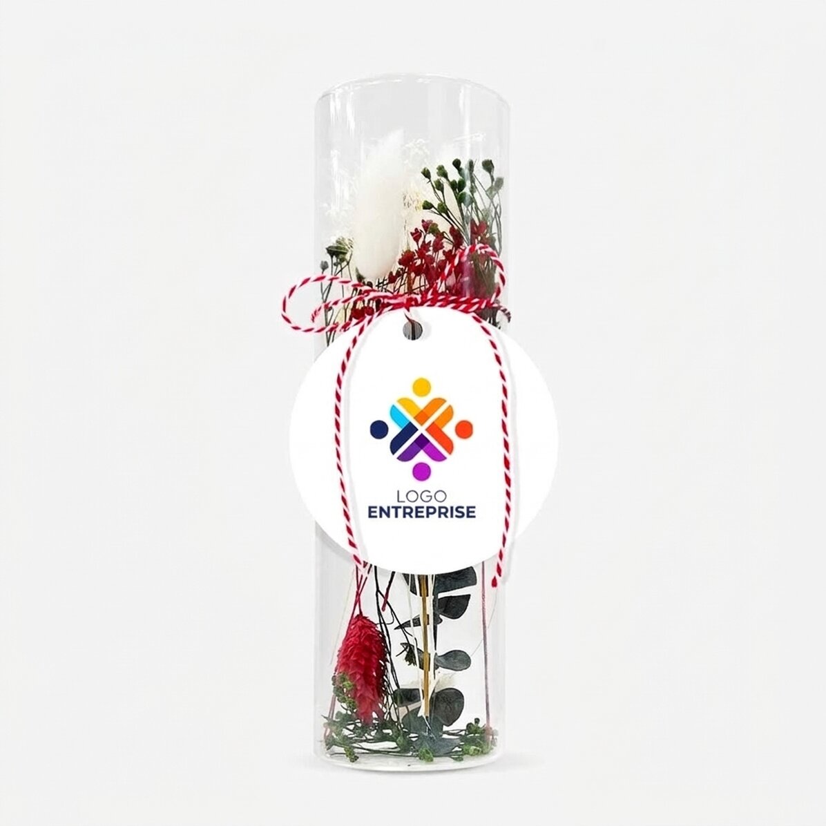 Pendentif « martisor » en verre avec fleurs stabilisées, personnalisé avec un logo