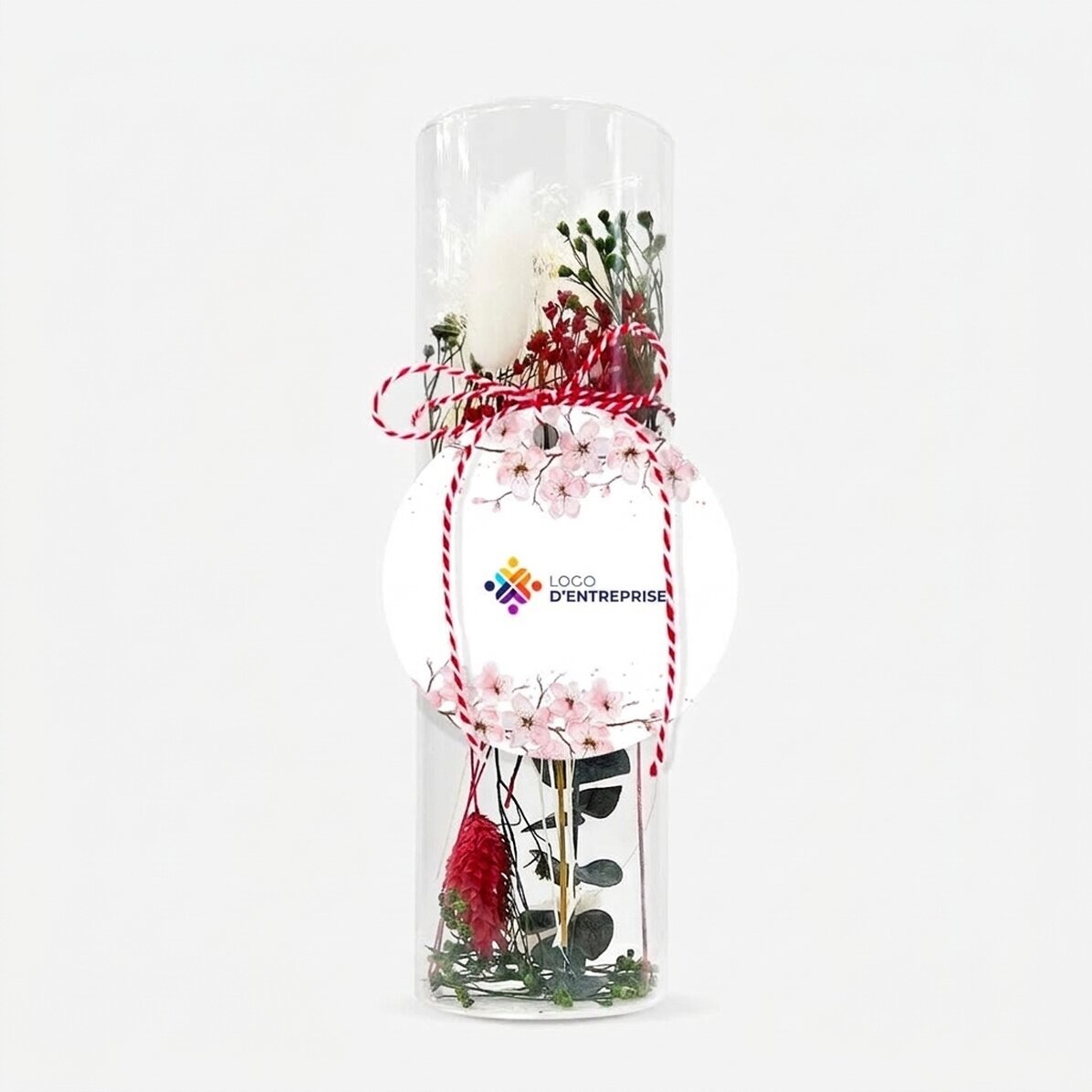 Décoration « martisor » en verre avec fleurs stabilisées, personnalisée avec un logo - Fleurs
