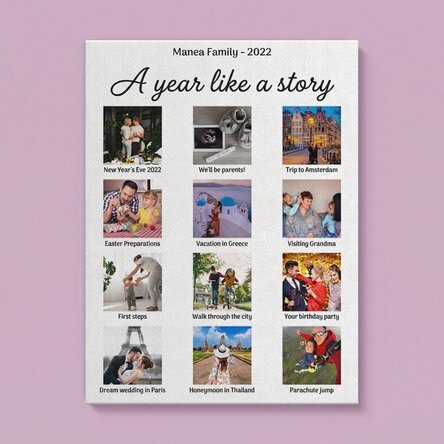 Personalised canvas print with 12 photos and text - A year like a story