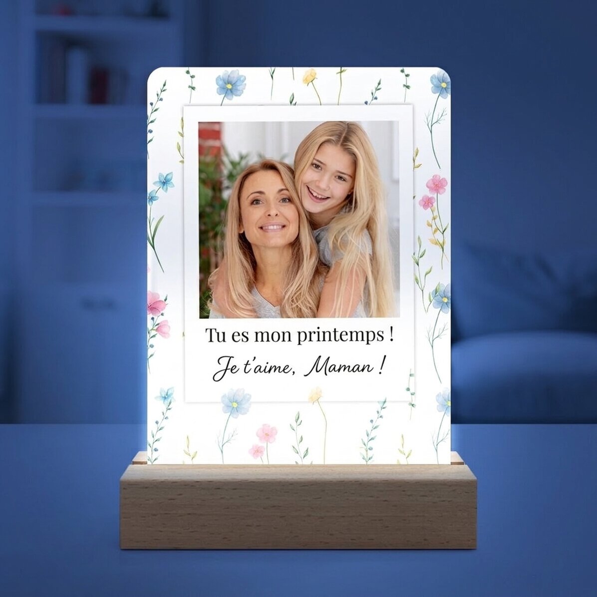 Lampe de veille LED personnalisée avec une photo et un message - Floral