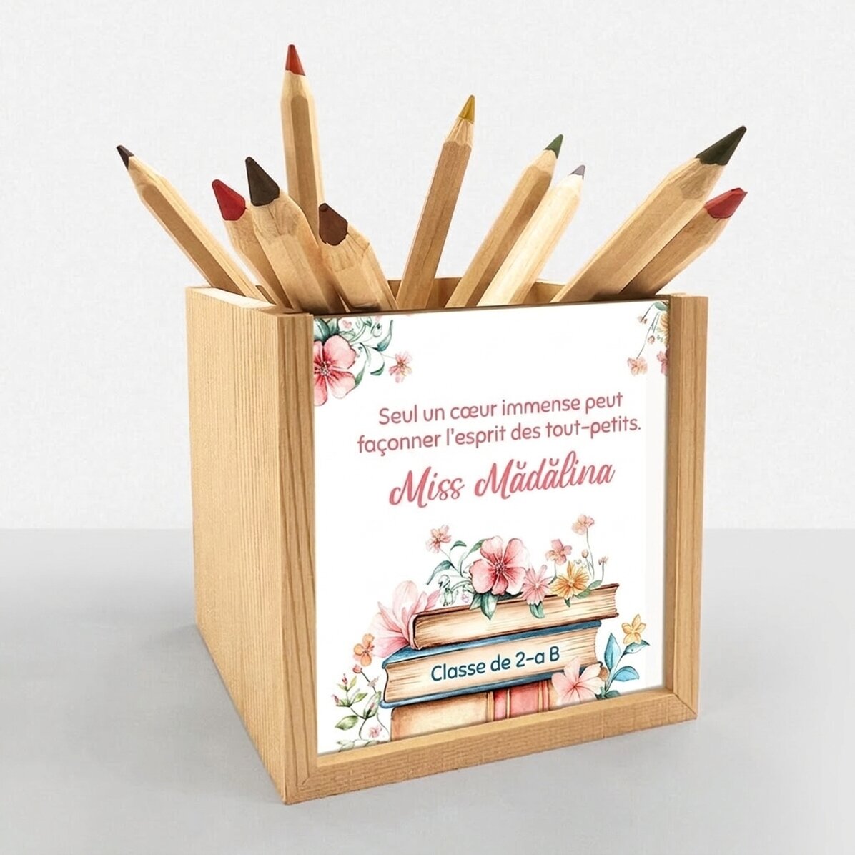 Porte-crayons personnalisé avec un message destiné aux enseignantes