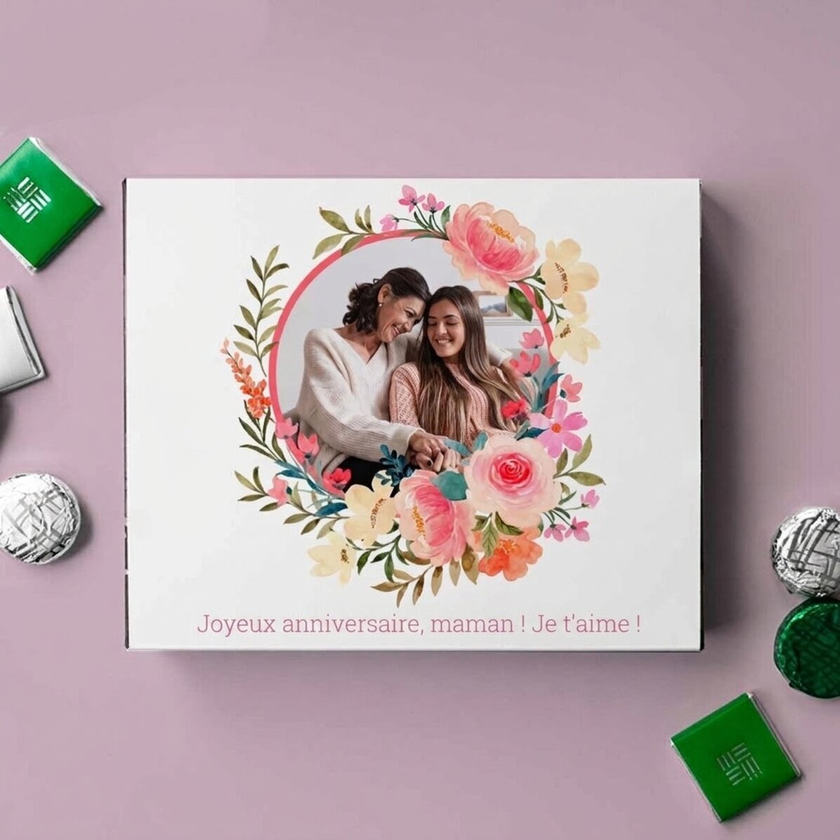 Boîte de bonbons personnalisée avec texte et photo - Fleurs