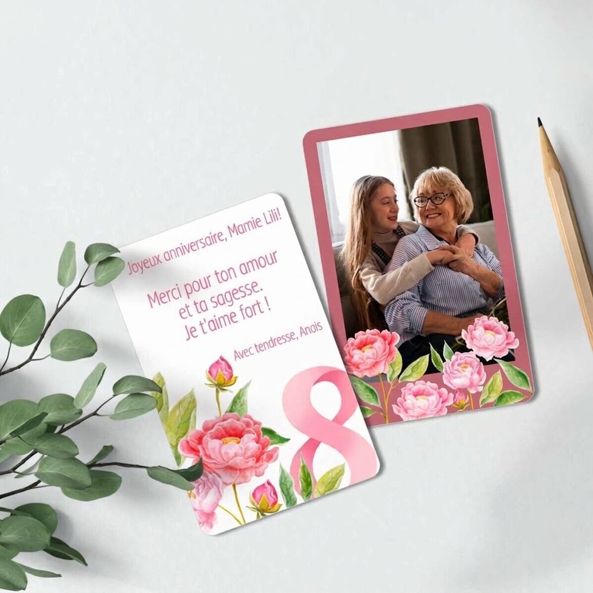 Carte en aluminium personnalisée recto-verso avec un message et une photo - Fleurs