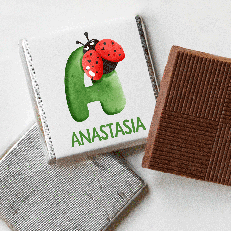 Mini-chocolat personnalisé avec un prénom et une initiale - Coccinelle