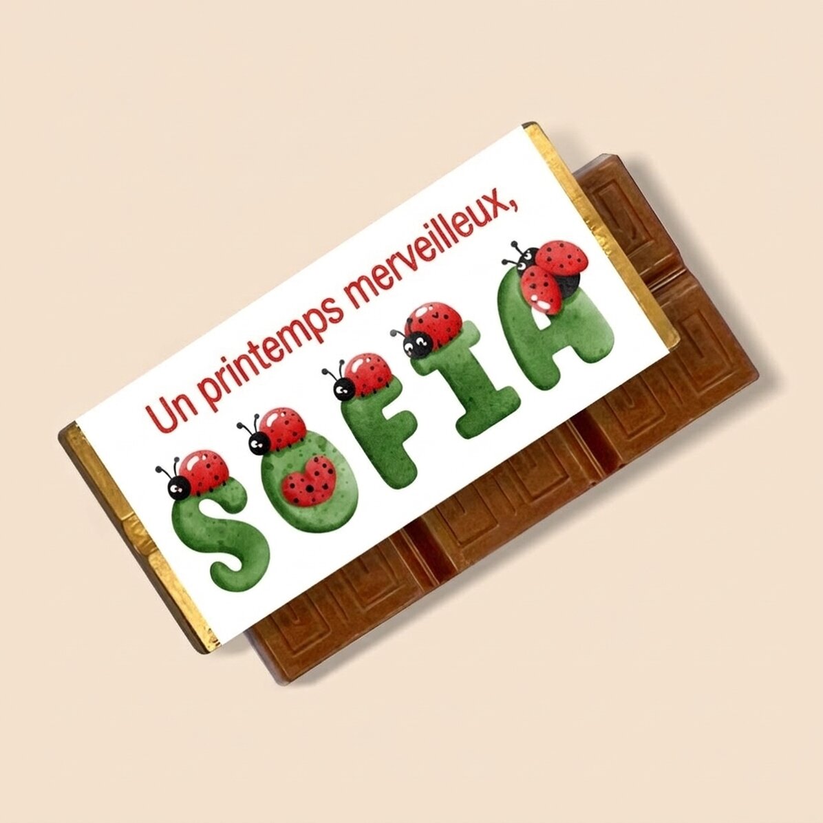 Mini-tablette de chocolat personnalisée avec un message et un prénom - Coccinelles