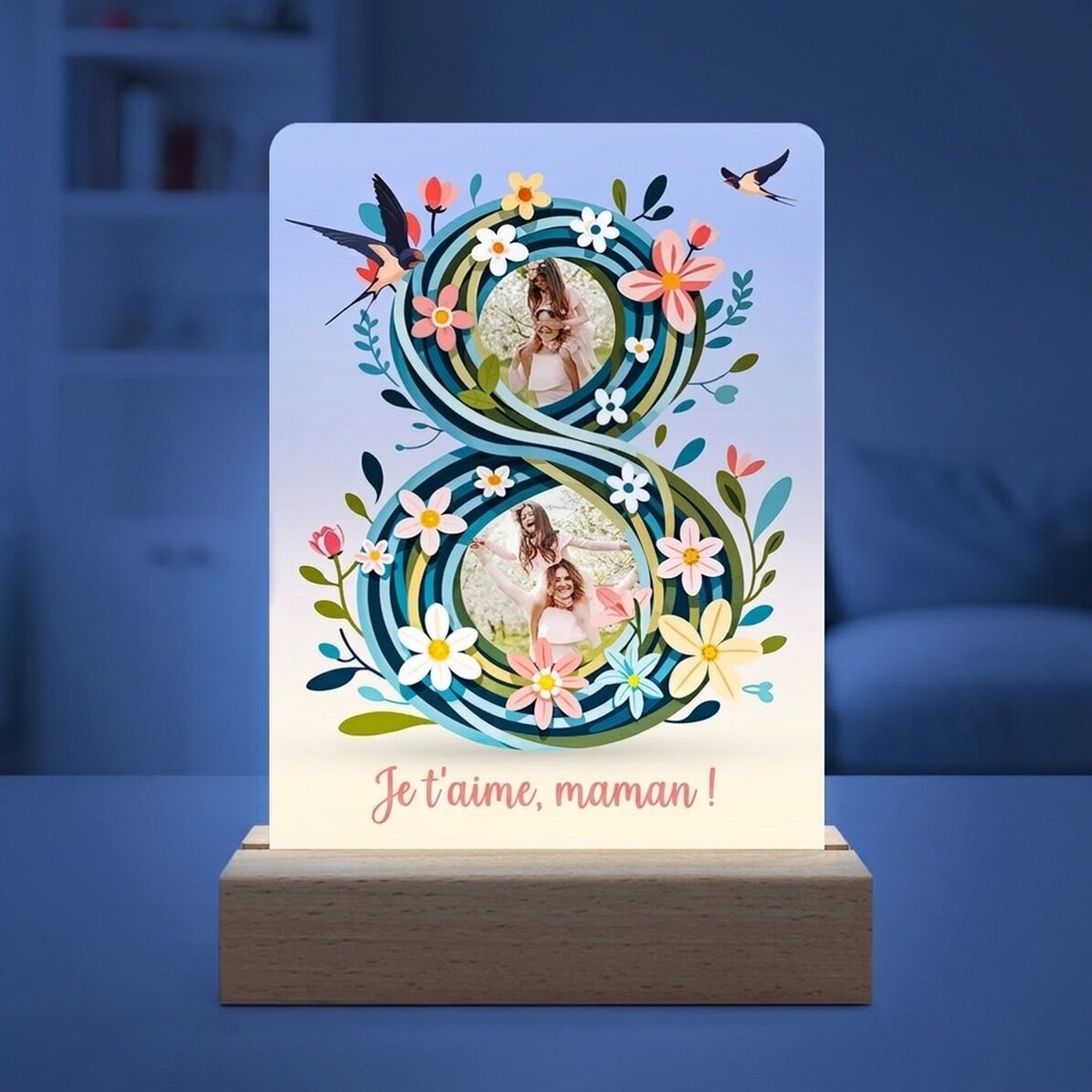 Lampe de veille LED personnalisée avec 2 photos et un texte - 8 floral