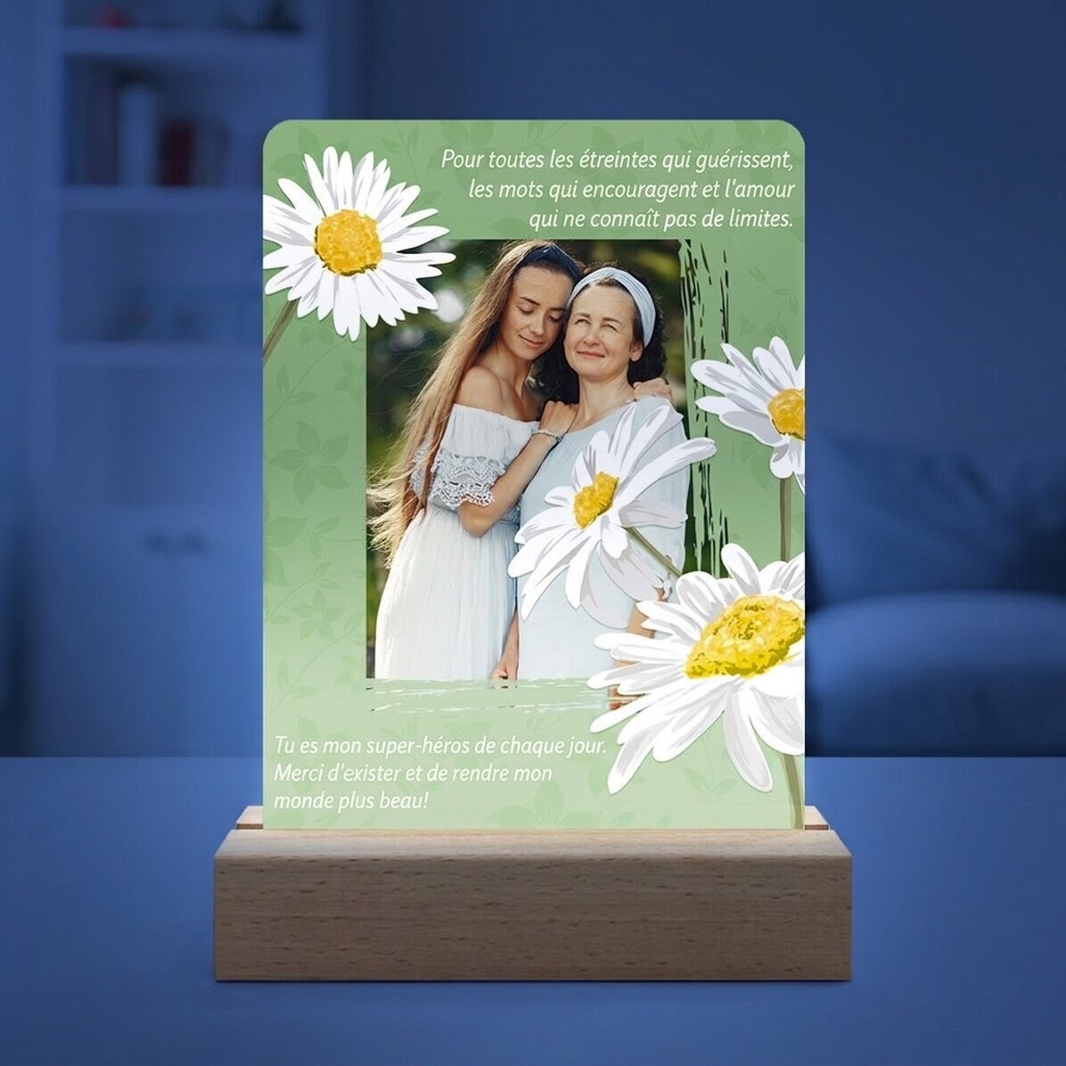 Lampe de veille LED personnalisée avec une photo et un texte - Daisies