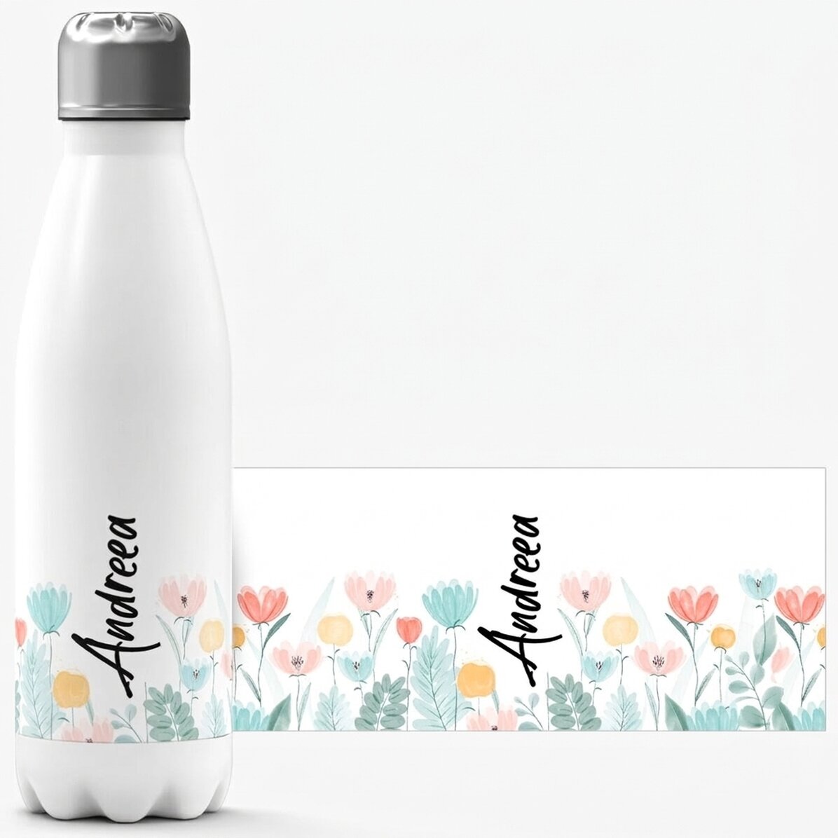 Thermos à base blanche personnalisé avec un prénom - Fleurs