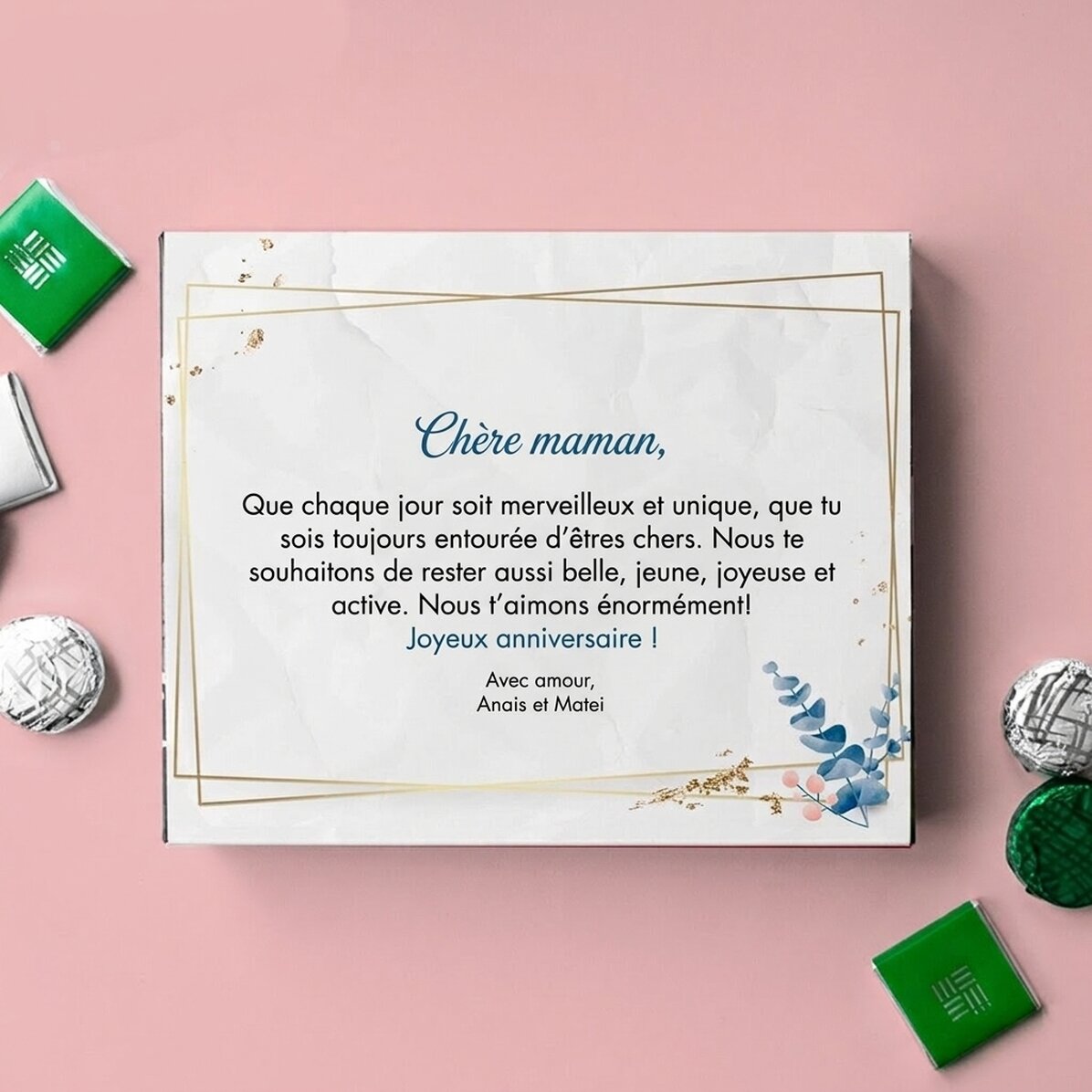 Boîte de bonbons personnalisée avec un message : « Joyeux anniversaire ! »