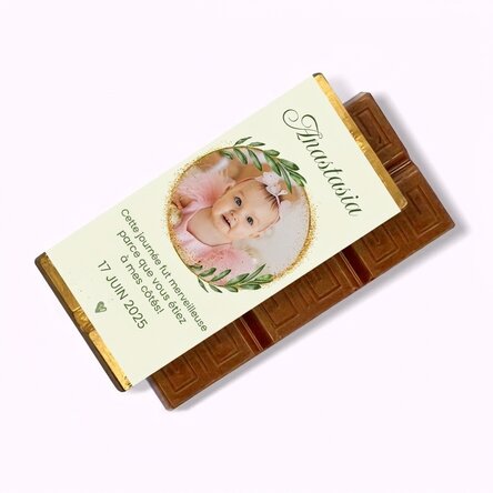 Mini-tablette de chocolat personnalisée avec photo et message pour un baptême