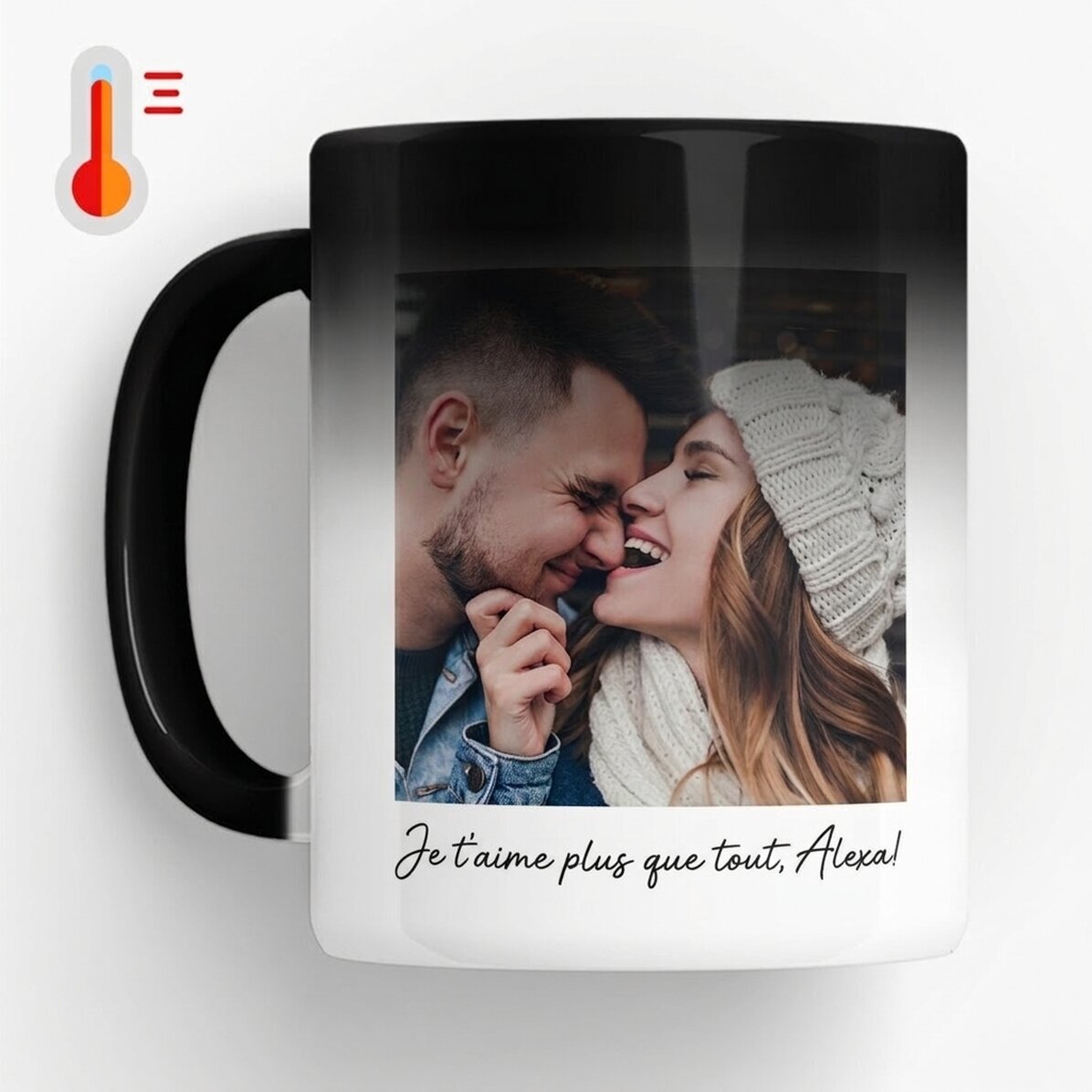Tasse thermosensible personnalisée avec une photo, un message et un code QR