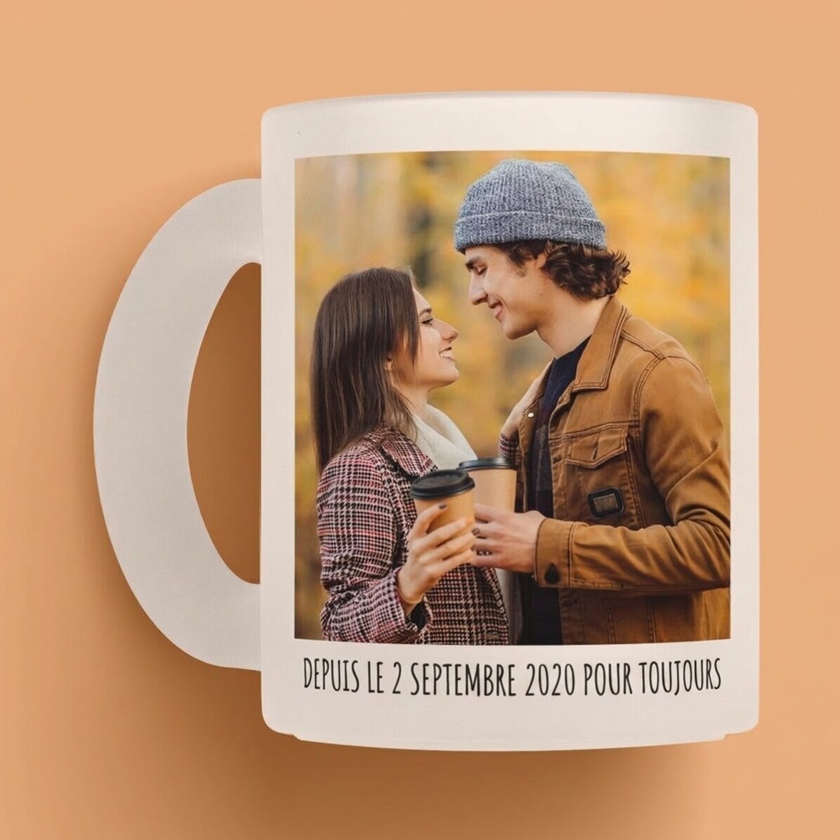 Tasse en verre mat personnalisée avec 2 photos et un texte