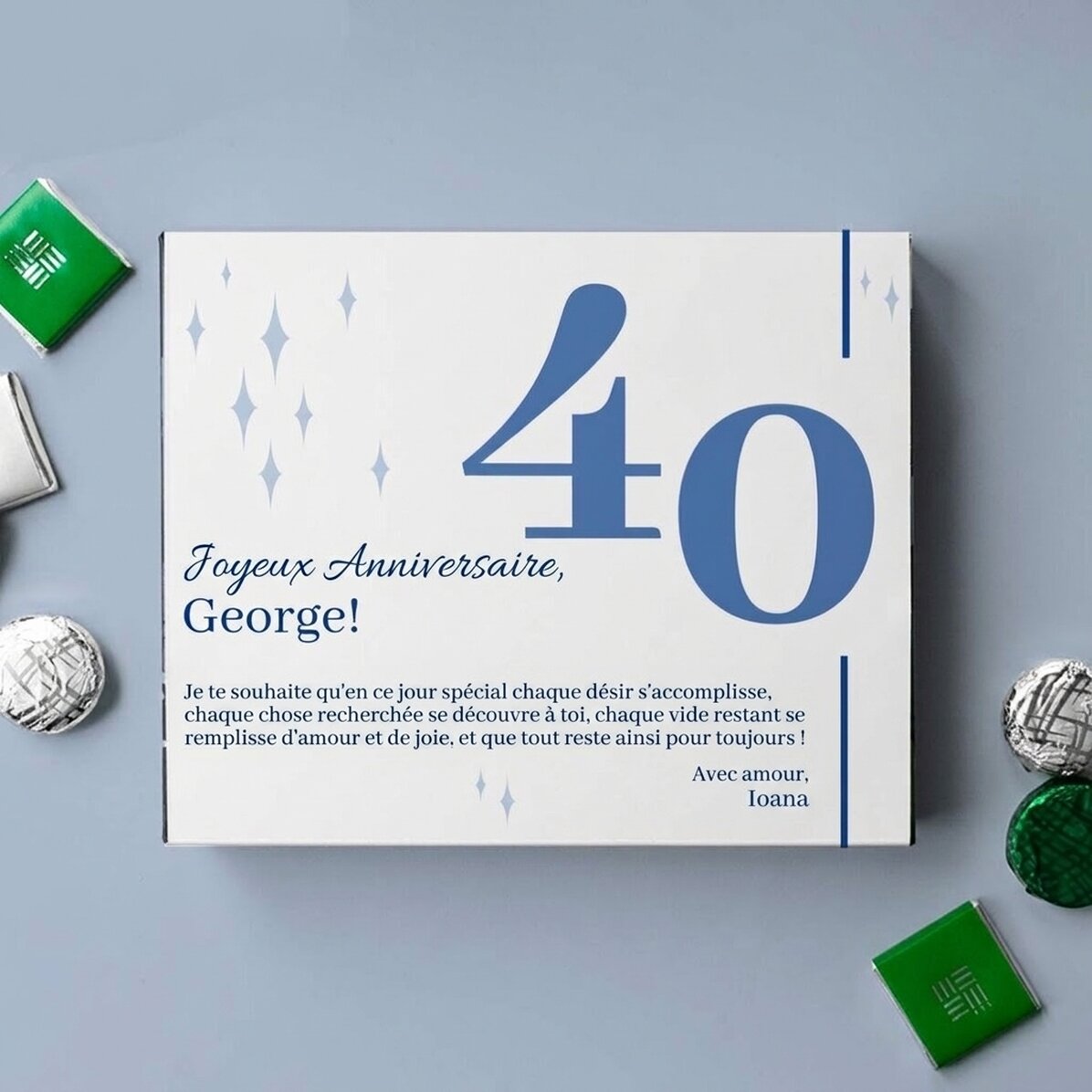 Boîte de bonbons personnalisée avec un message : « Joyeux anniversaire ! »