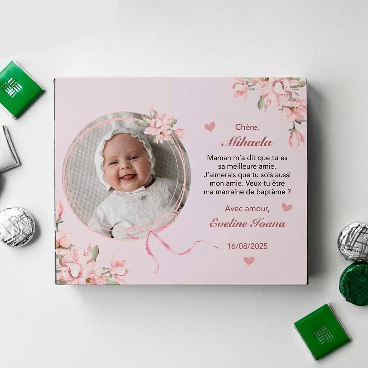 Boîte de bonbons personnalisée avec une photo et un message pour un baptême - Demande de parrainage