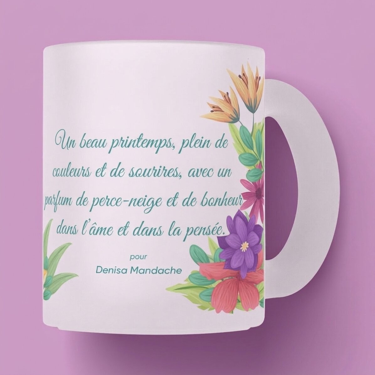 Gobelet en verre mat personnalisé avec logo et texte - Fleurs de printemps