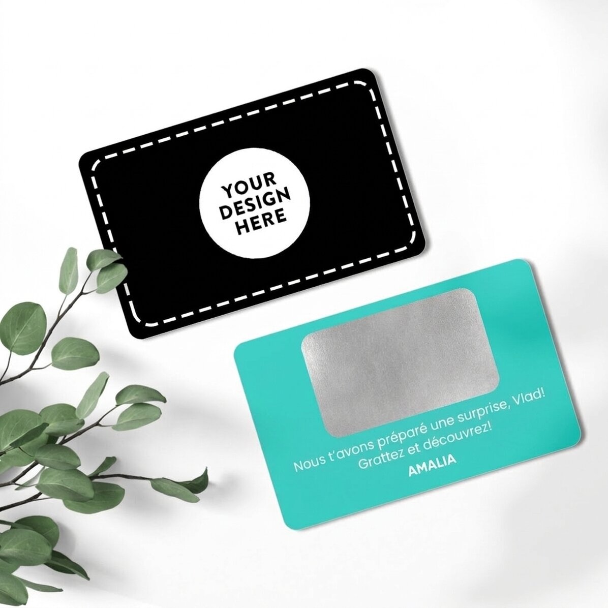 Carte en aluminium à gratter personnalisée recto-verso avec message et image
