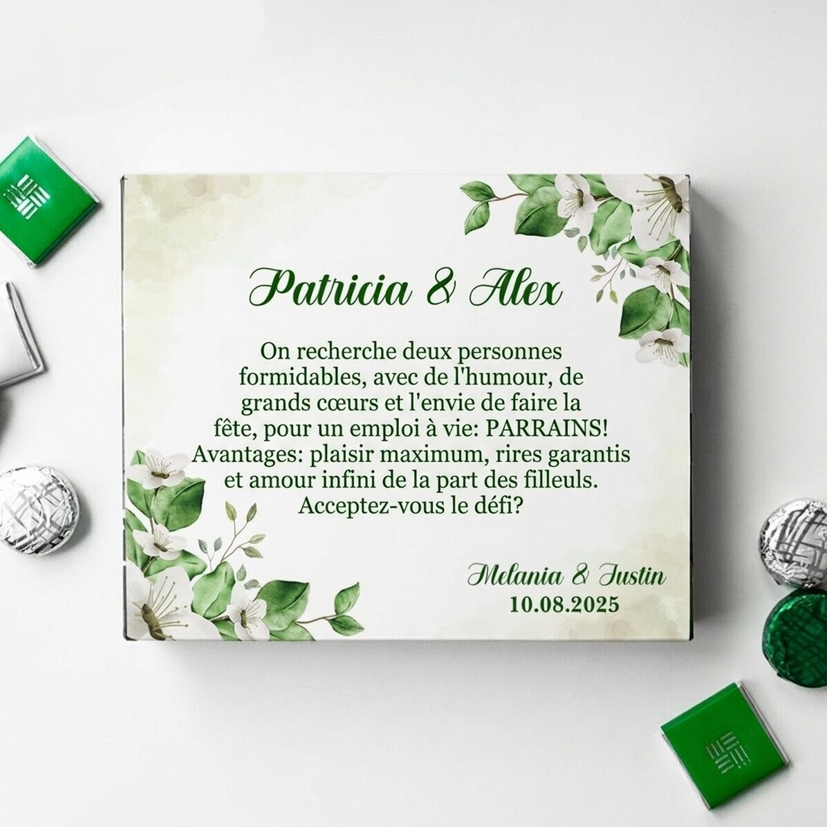 Boîte de bonbons personnalisée avec un message - Demande de parrainage