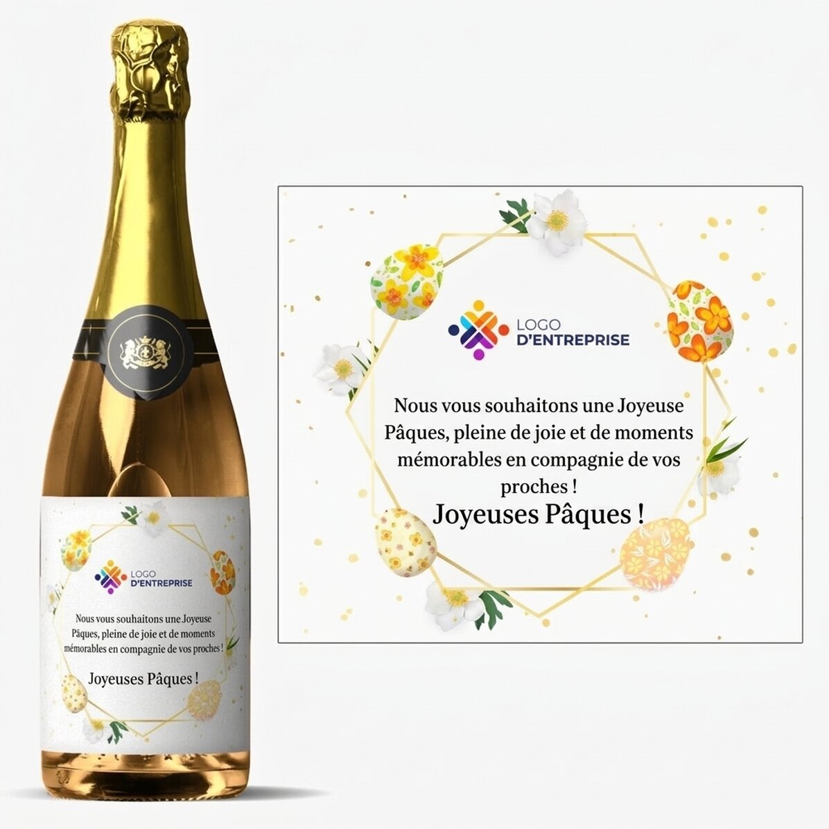 Vin mousseux personnalisé avec logo et texte - Vœux de Pâques