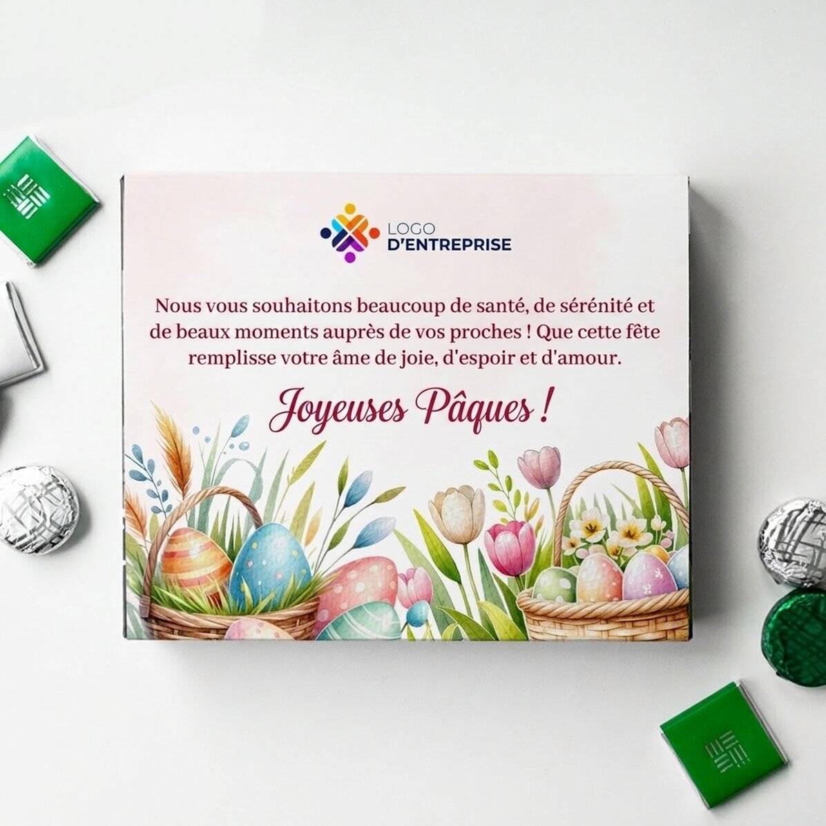 Boîte de bonbons personnalisée avec logo et message - Pâques