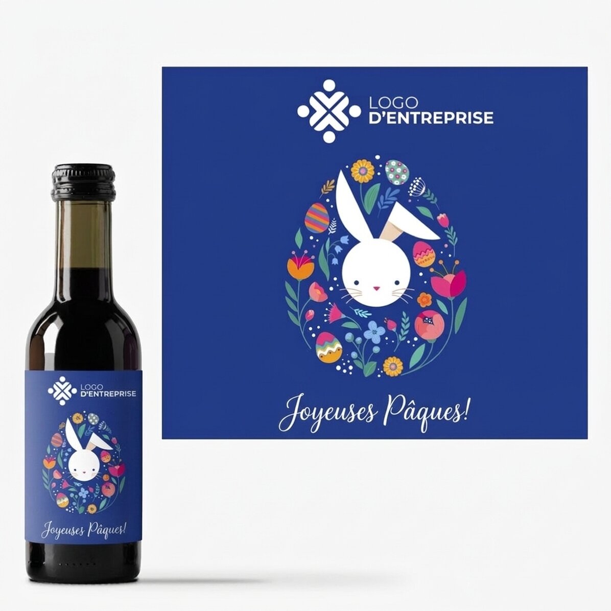 Mini-bouteille de vin personnalisée avec un logo et un message de Pâques