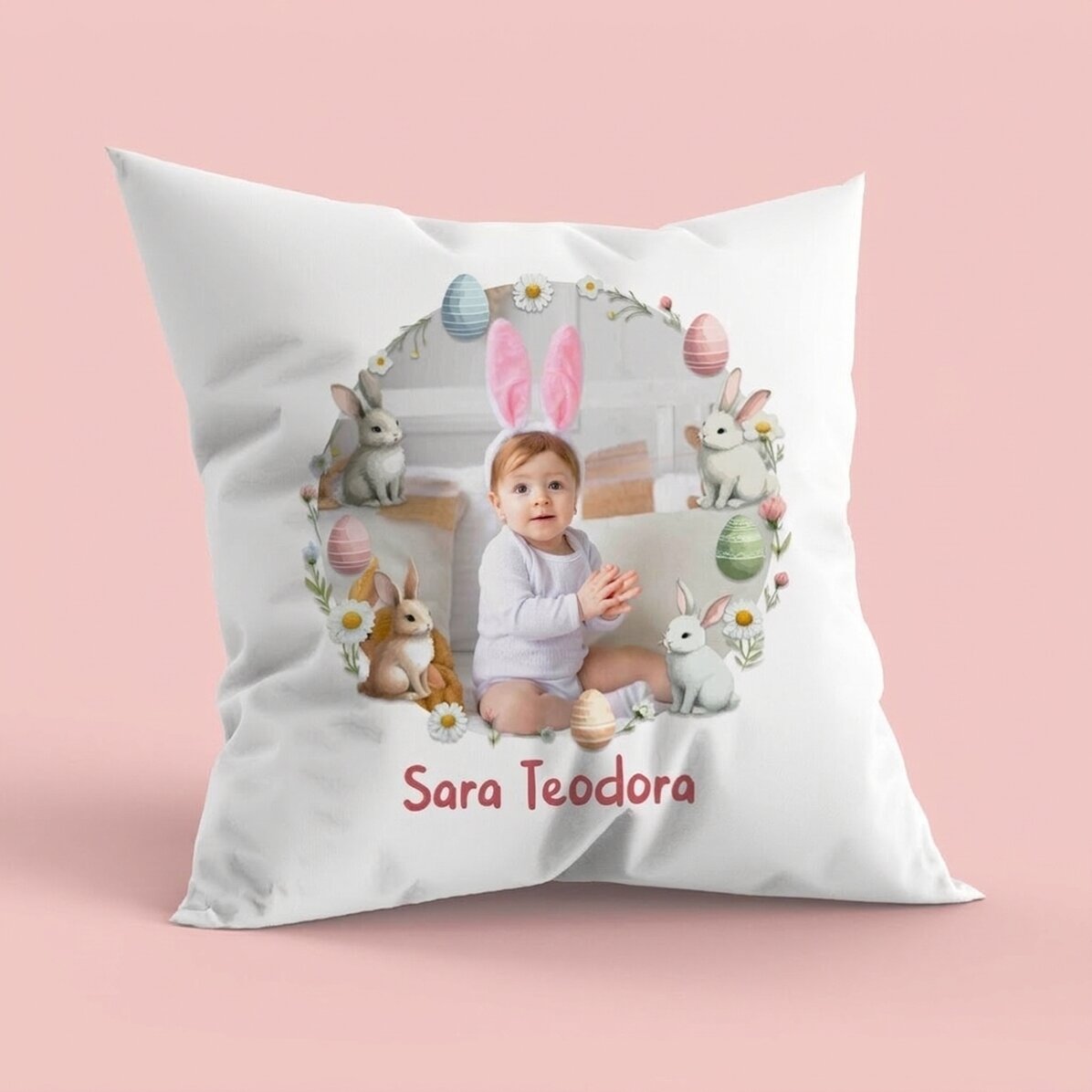 Coussin personnalisé avec prénom et photo - Joyeuses Pâques !