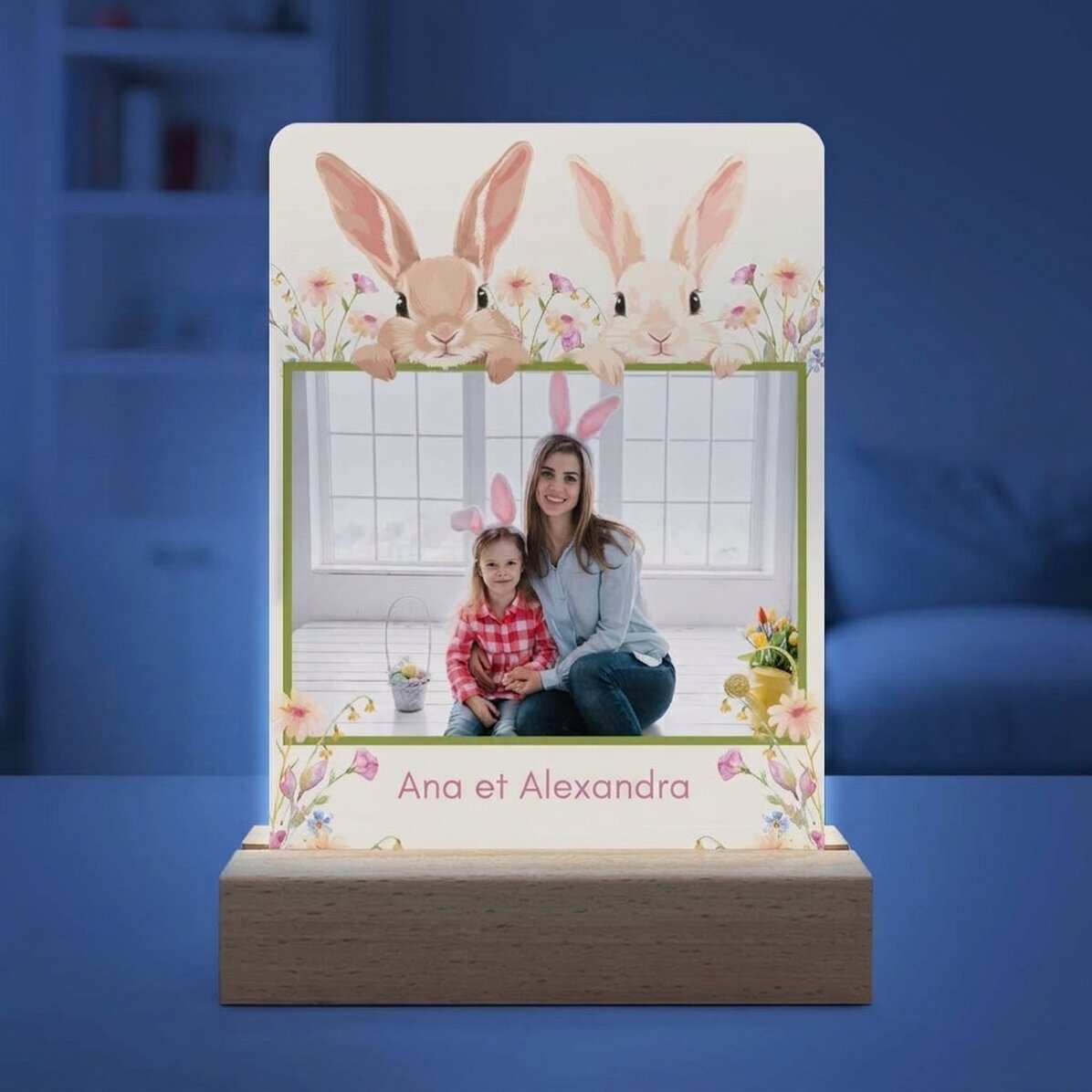 Lampe de veille LED personnalisée avec une photo et un texte - Lapins