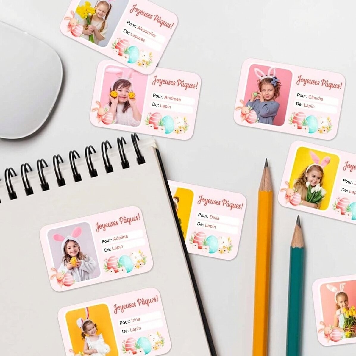 Lot de 8 autocollants (étiquettes adhésives) personnalisés avec des photos et du texte - Joyeuses Pâ