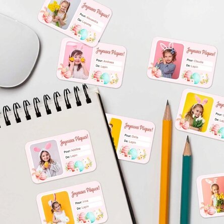 Lot de 8 autocollants (étiquettes adhésives) personnalisés avec des photos et du texte - Joyeuses Pâ