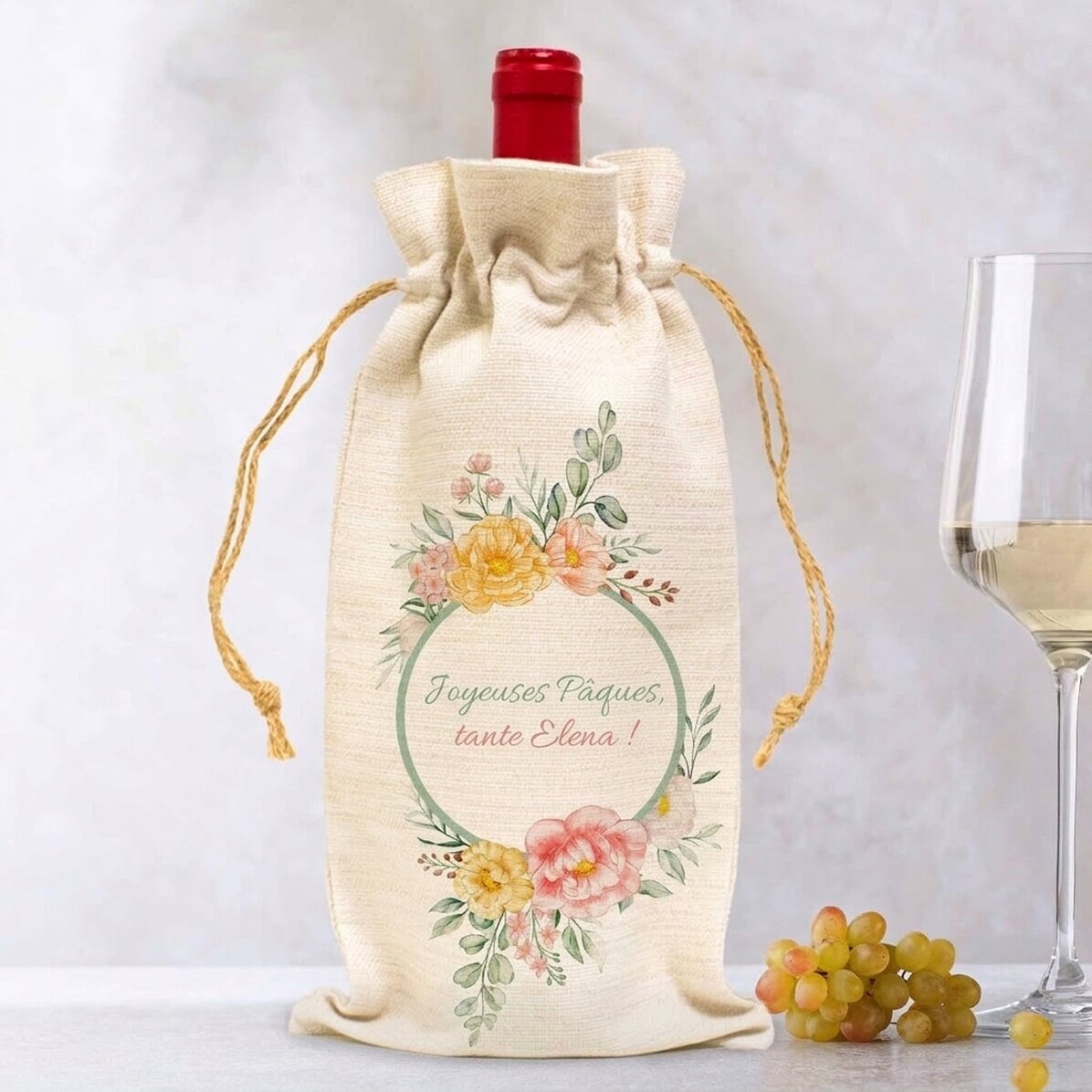 Sachet personnalisé pour bouteille de vin avec message - Fleurs