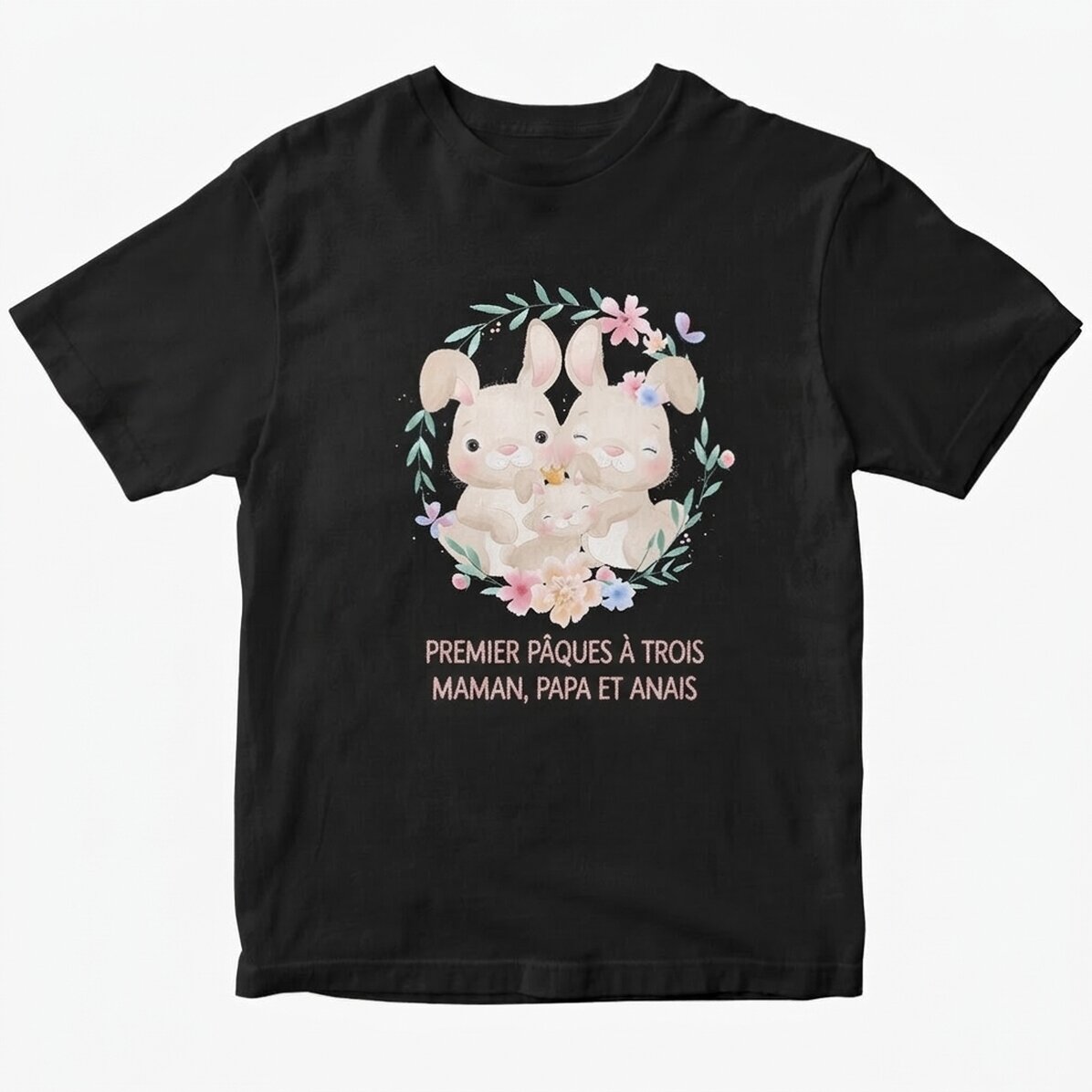 T-shirt en coton personnalisé avec un texte - Première Pâques à trois