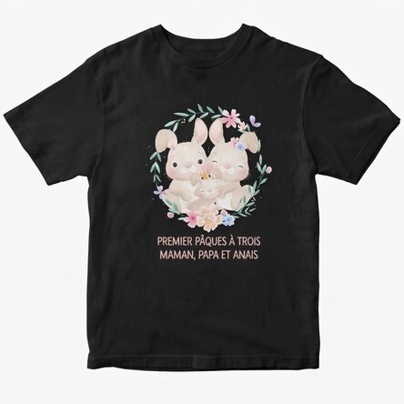T-shirt en coton personnalisé avec un texte - Première Pâques à trois