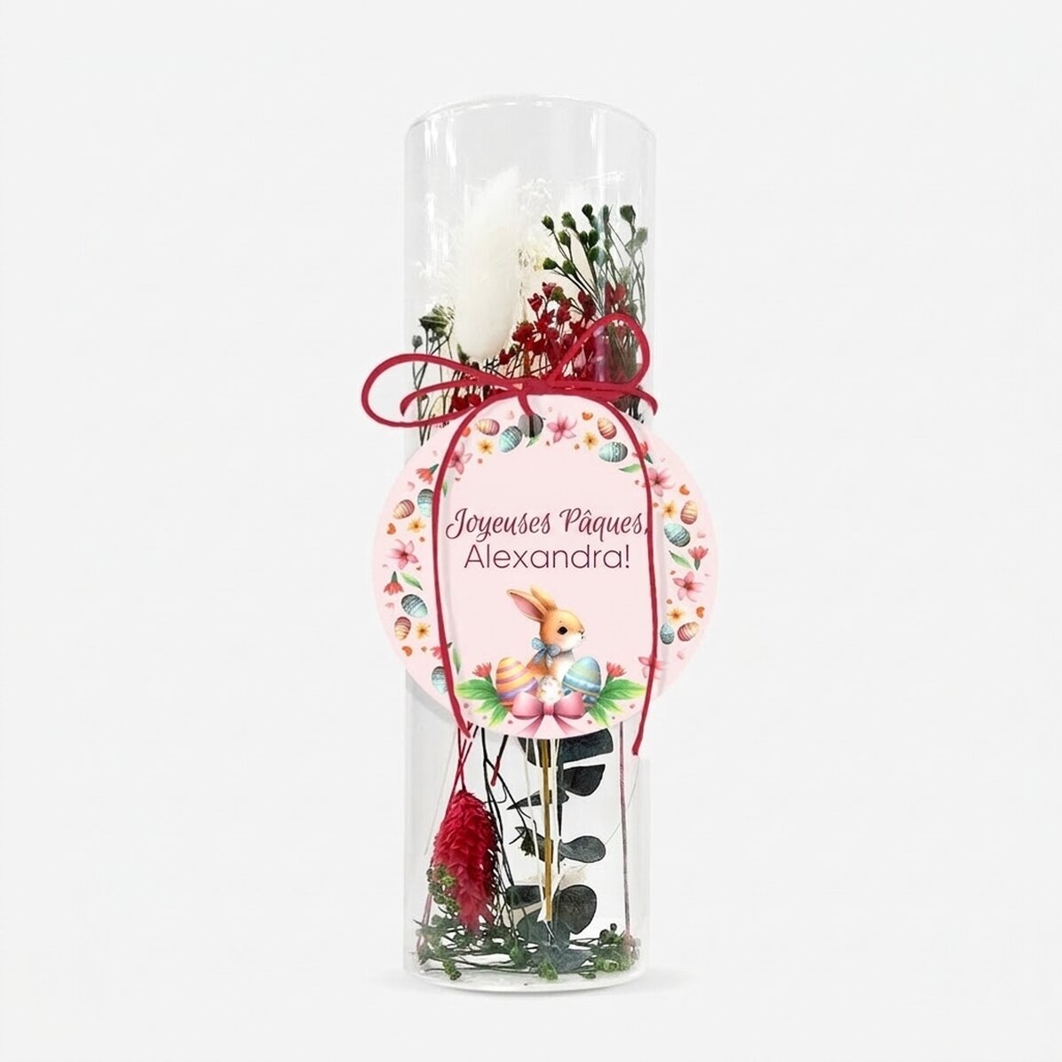 Décoration en verre avec des fleurs stabilisées, personnalisée avec un texte - Lapin de Pâques