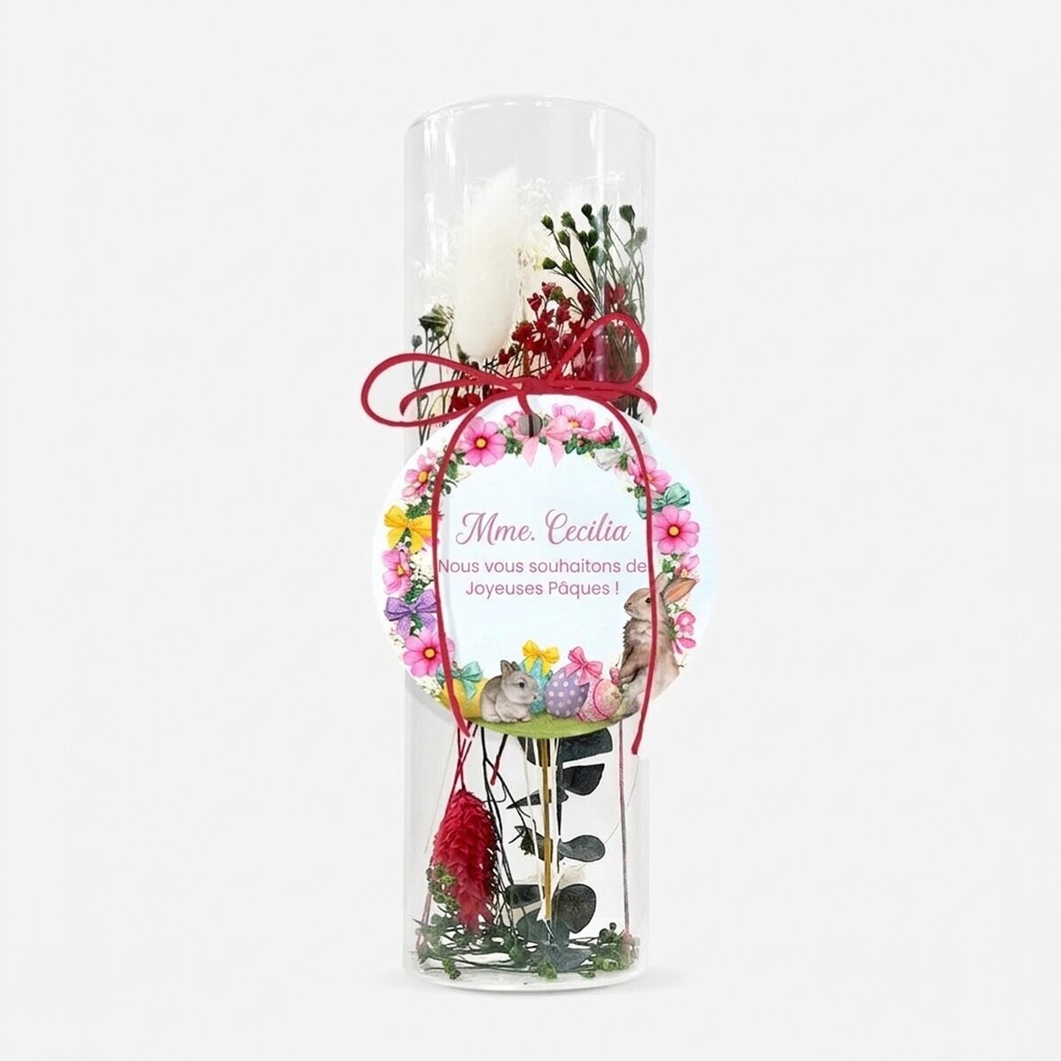 Décoration en verre avec des fleurs stabilisées, personnalisée avec un message pour Pâques