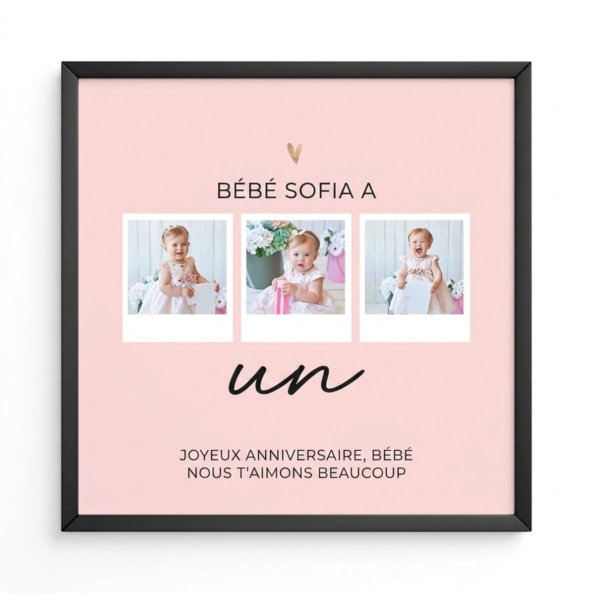 Tableau personnalisé avec 3 photos et un message - Anniversaire de bébé