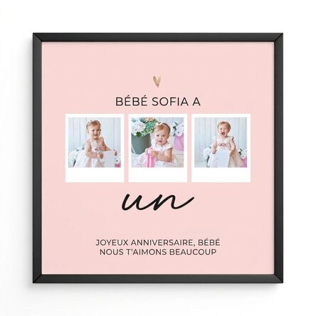 Tableau personnalisé avec 3 photos et un message - Anniversaire de bébé