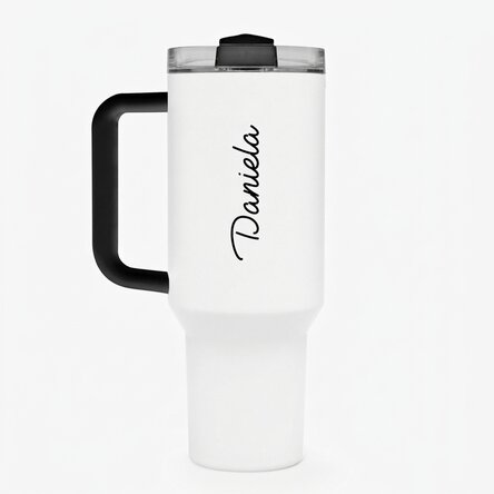 Tasse isotherme avec poignée et paille, personnalisée avec un prénom