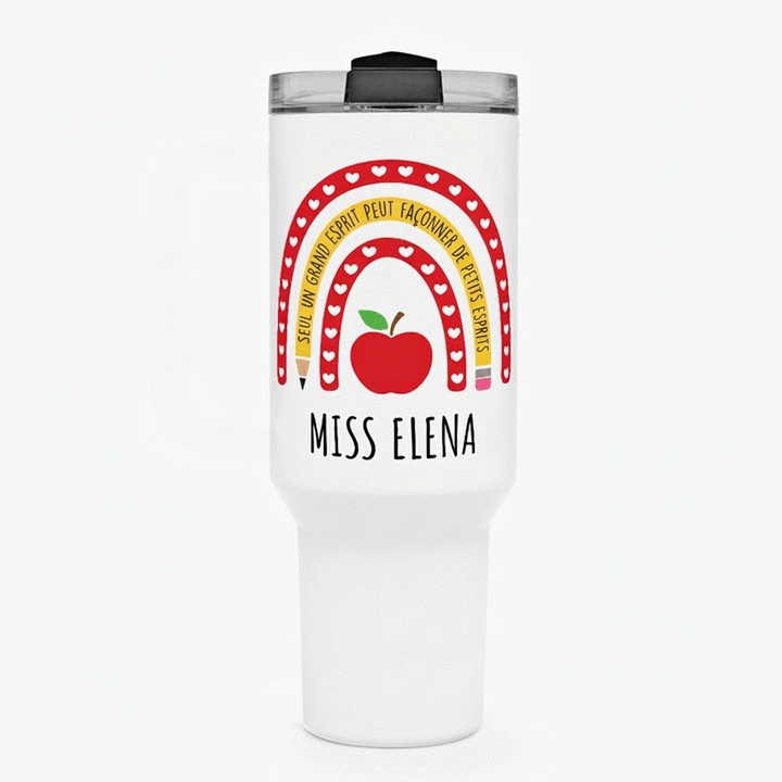 Tasse isotherme avec poignée et paille, personnalisée avec un prénom - Teacher