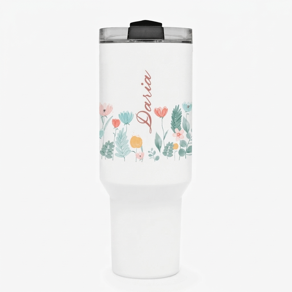 Tasse isotherme avec poignée et paille, personnalisée avec un prénom - Flowers