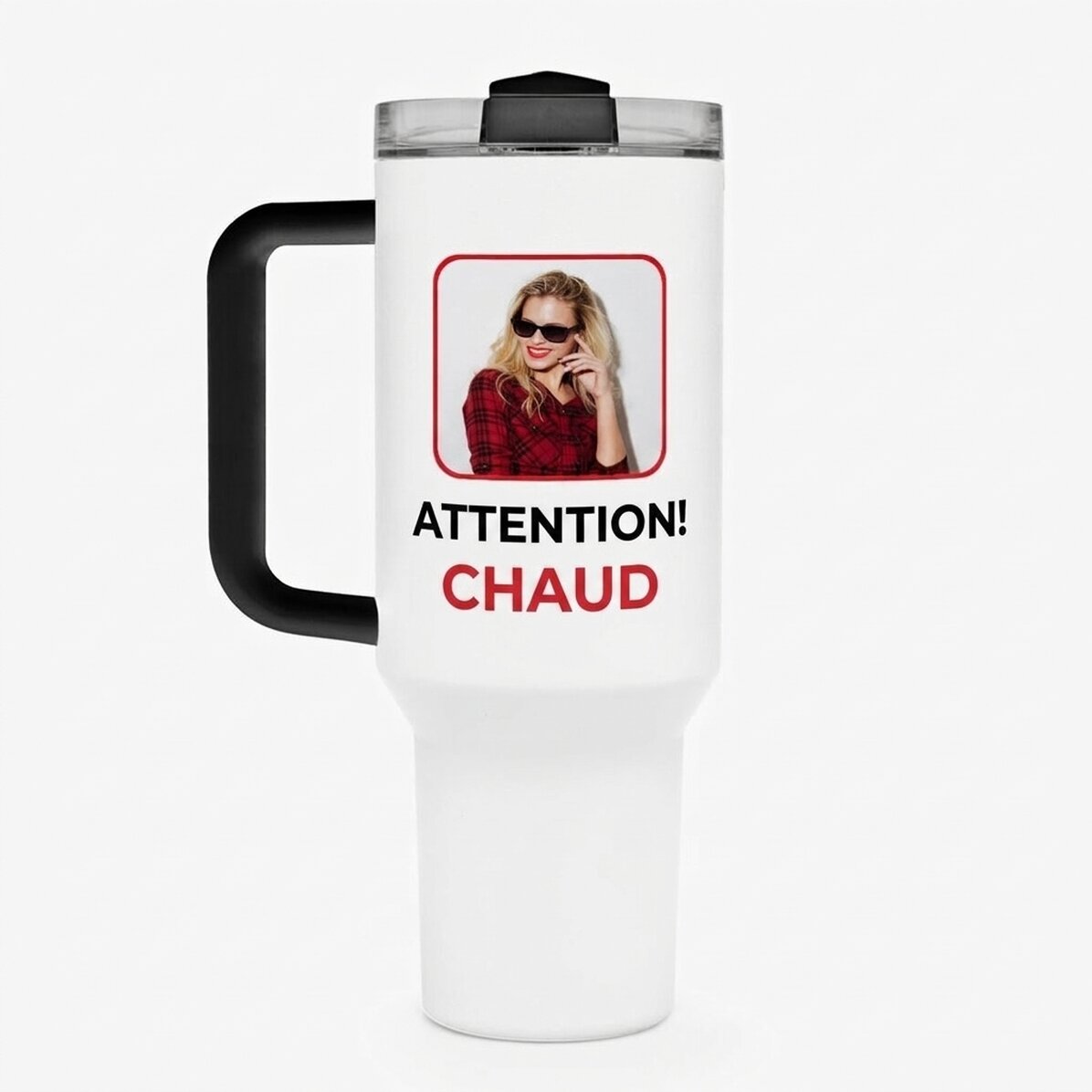 Tasse isotherme avec poignée et paille, personnalisée avec une photo et un texte - Fierbinte