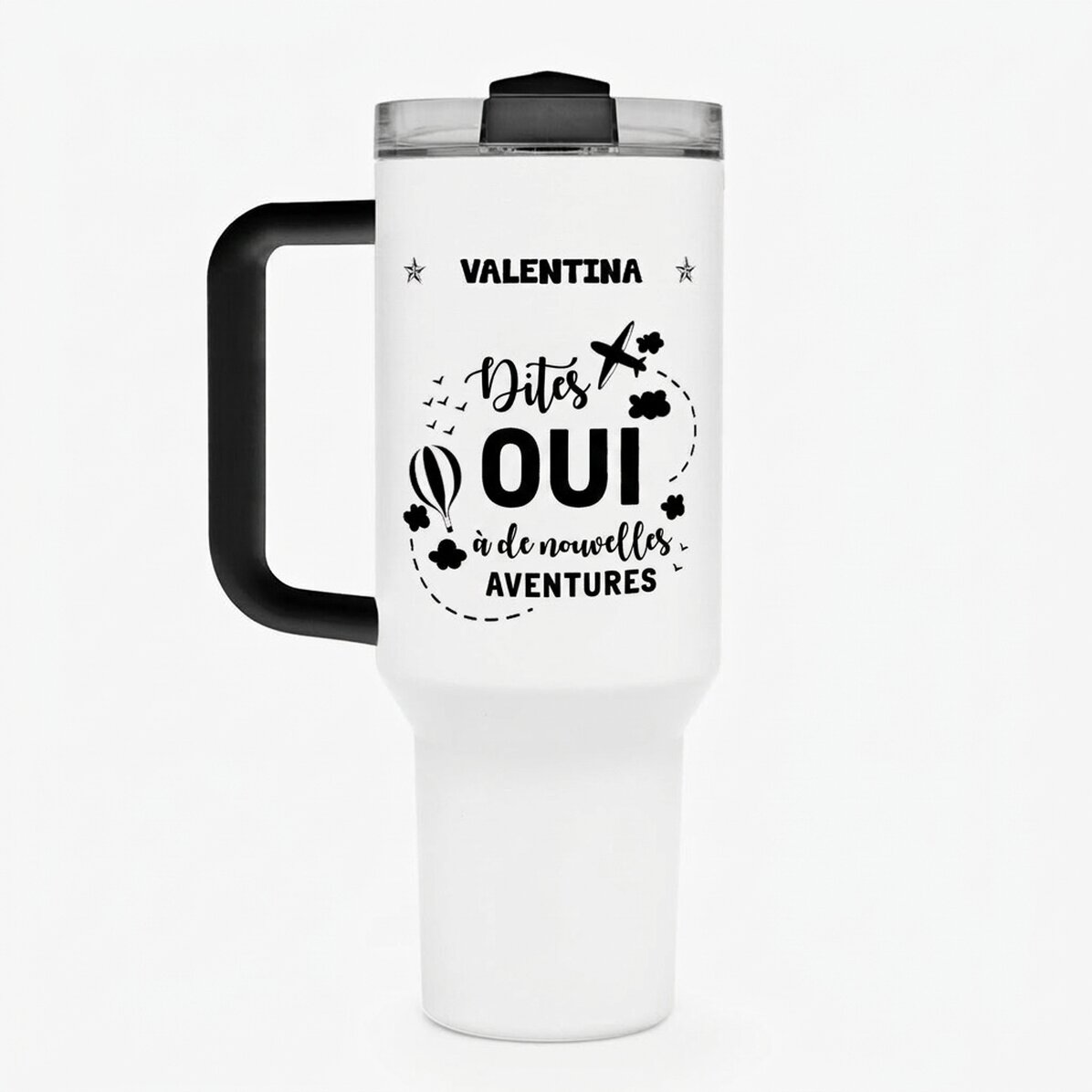 Tasse isotherme avec poignée et paille, personnalisée avec un prénom - New Adventures
