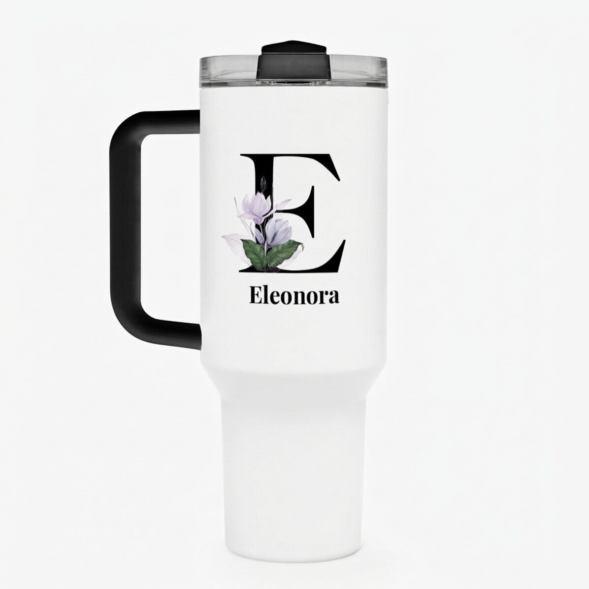 Tasse isotherme avec poignée et paille, personnalisée avec une initiale et un prénom